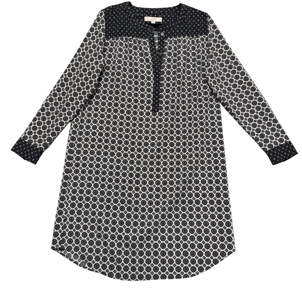 LOFT Dress Women Medium Black Geometric Shift Long Sleeve Henley Mixed Print